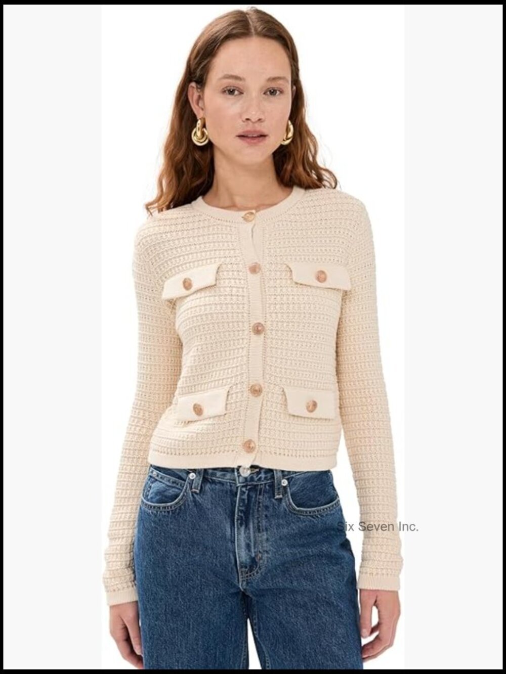 Cotton Acrylic Blend Textured Knit Cardigan Button Front Padded Shoulders